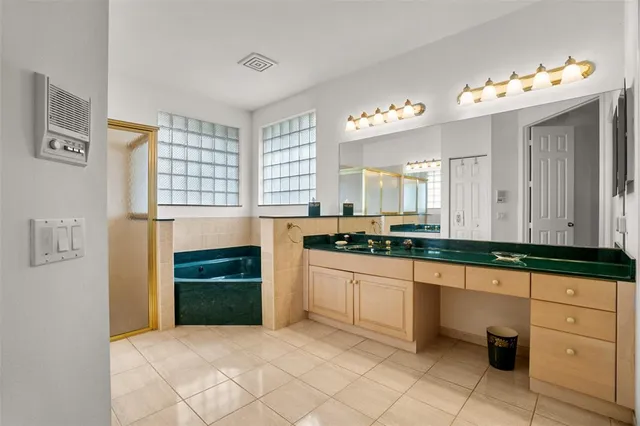 an aerial view of a house with a yard and large trees