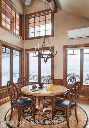 a view of a dining room with furniture window and outside view