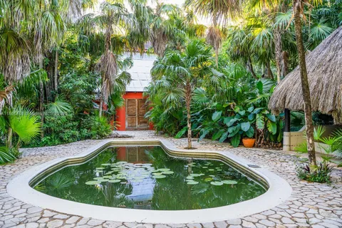 a view of a garden with lawn chairs