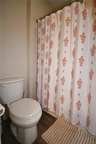 a white toilet sitting next to a shower curtain