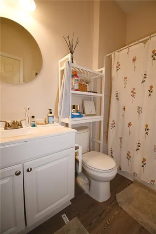 a bathroom with a sink toilet vanity and shower
