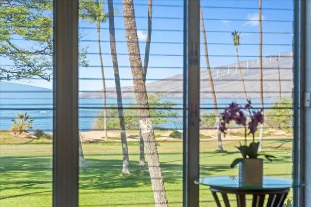a view of swimming pool from a window