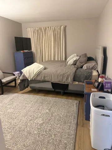 a bedroom with a bed and a couch