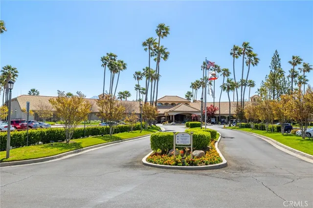 a view of a swimming pool with a yard and palm trees