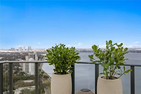 a view of a balcony with a potted plants