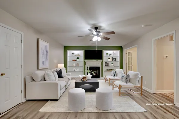a living room with a fireplace