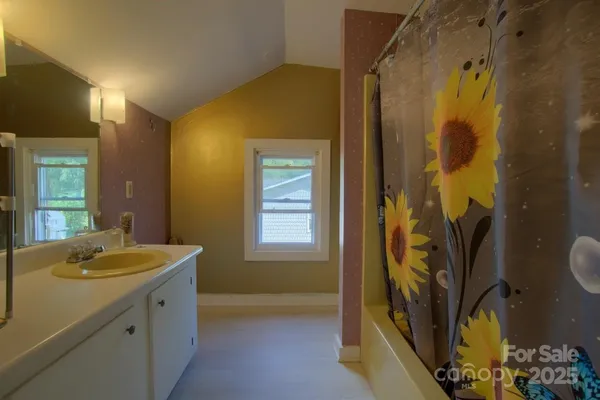 a bathroom with a sink a mirror and a shower