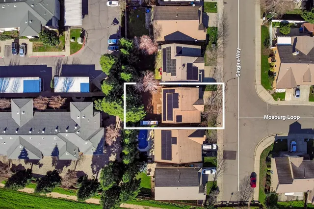 an aerial view of houses with outdoor space