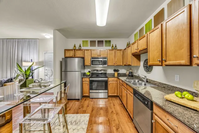 a kitchen with stainless steel appliances granite countertop a stove a sink and a refrigerator