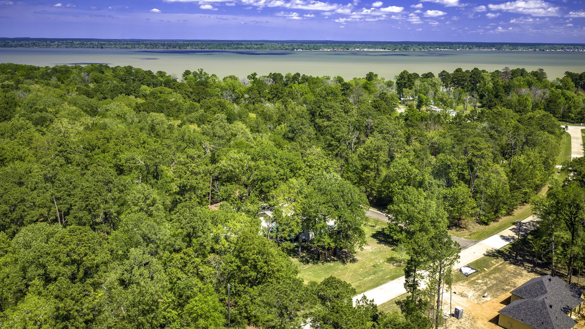 21 Red Oak Circle Point Blank, TX 77364 - Photo 30 of 32 This photo showcases a lush, wooded area with a nearby lake, offering serene views and a peaceful environment. The neighborhood appears to have spacious lots and some homes, providing a blend of nature and community living.