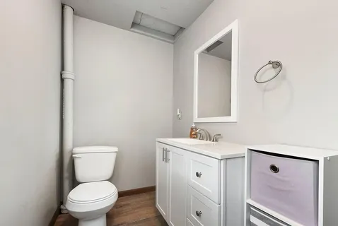 a bathroom with a toilet sink vanity and mirror