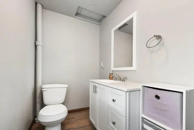 a bathroom with a toilet sink vanity and mirror