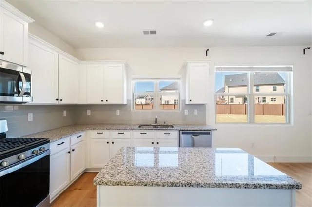 a large kitchen with stainless steel appliances granite countertop a lot of counter space and wooden floors