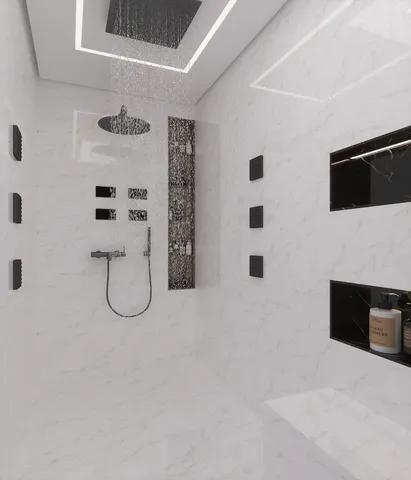 a kitchen with a refrigerator and cabinets