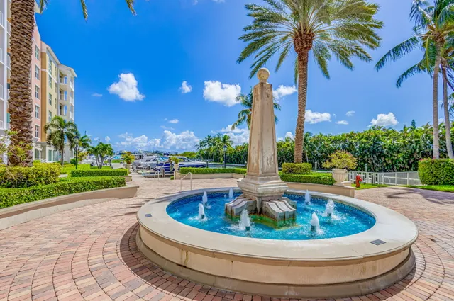a view of a swimming pool with a chair and palm trees