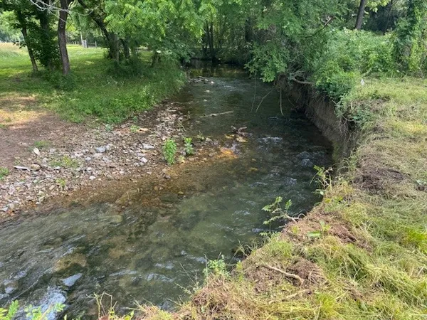 a view of a lake with a yard