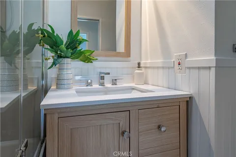 a bathroom with a sink a potted plant and a mirror