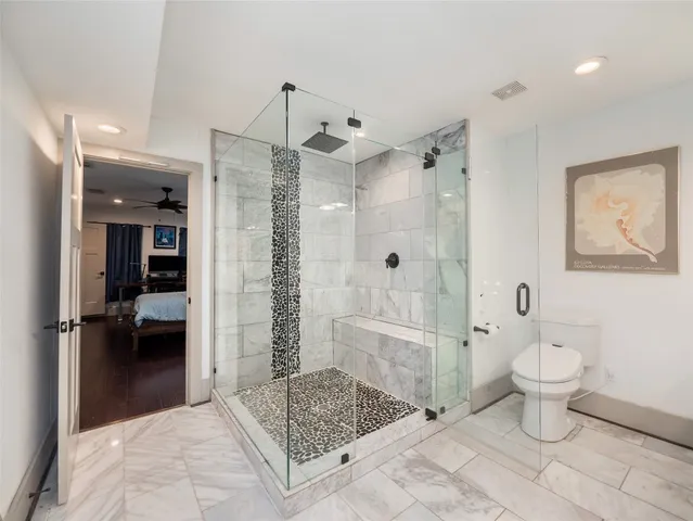 a bathroom with a granite countertop sink a toilet and shower