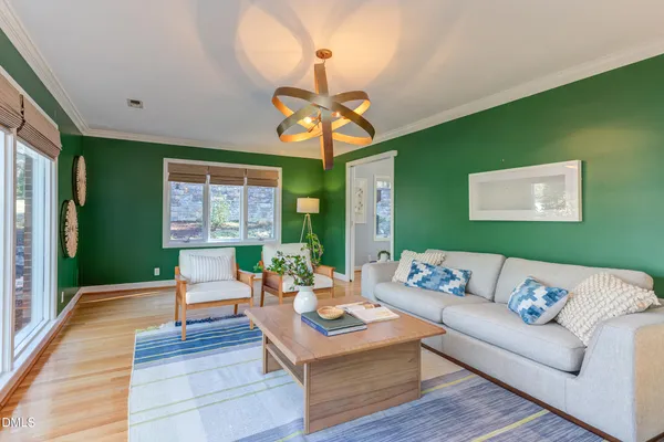 a living room with furniture and a potted plant