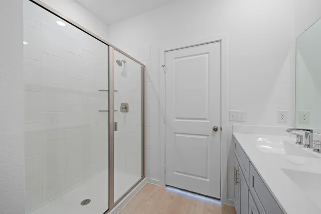 a bathroom with a shower sink and vanity