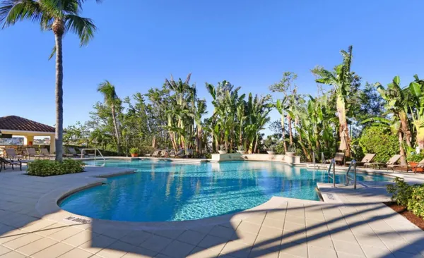 a view of swimming pool with outdoor seating and plants