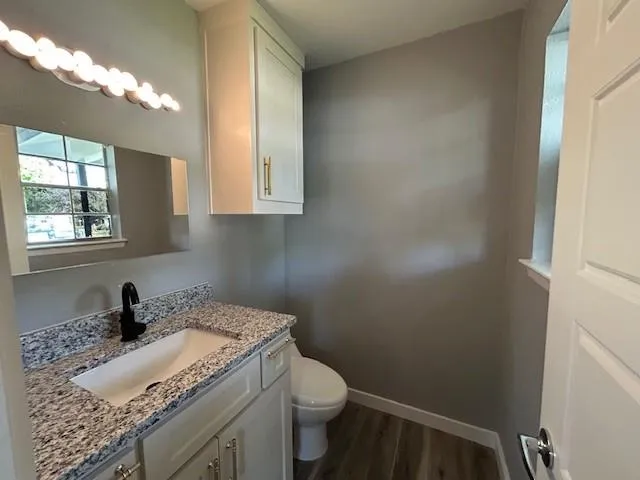 a bathroom with a granite countertop sink toilet and mirror