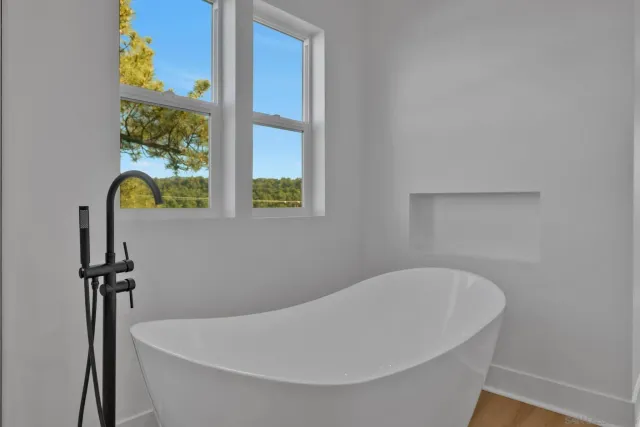 aerial view of a house with a yard and large trees