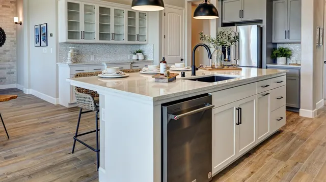 a kitchen with a sink cabinets and wooden floor