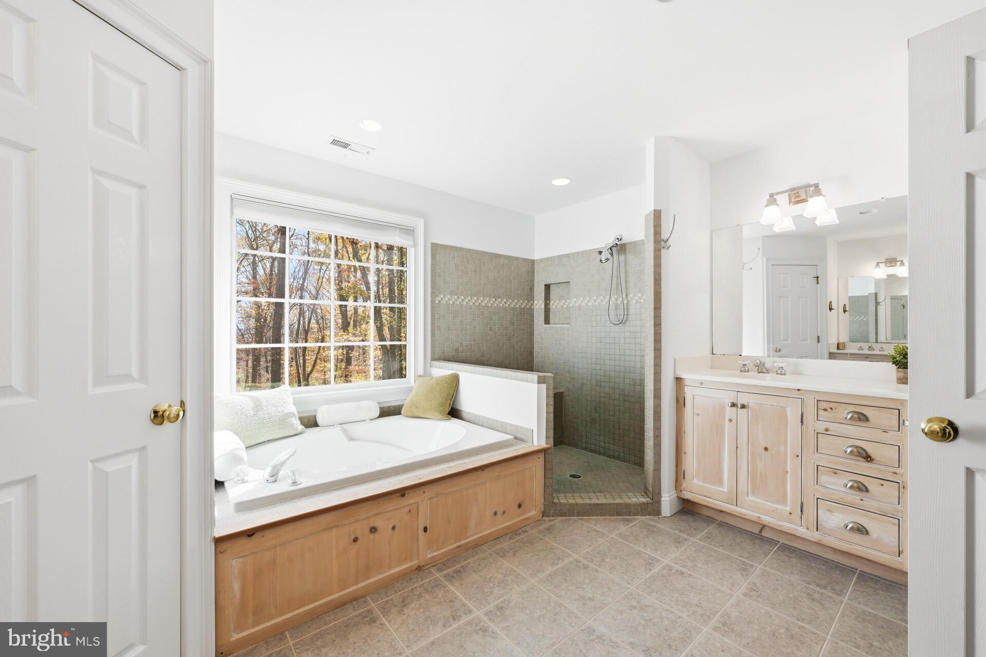 6950 Upper York Road New Hope, PA 18938 - Photo 28 of 60 a spacious bathroom with a double vanity sink a large mirror and a bathtub