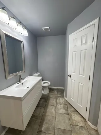 a bathroom with a double vanity sink mirror and toilet
