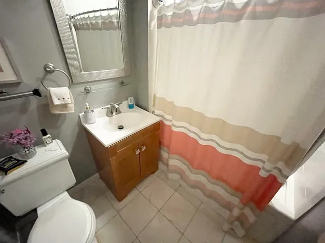 a bathroom with a sink vanity mirror and toilet