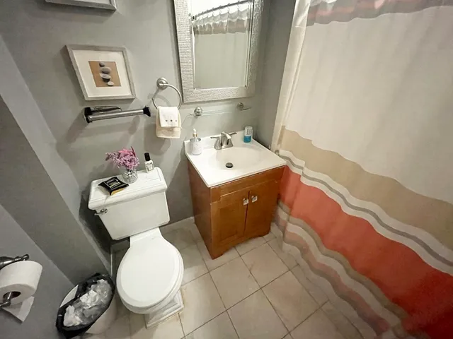 a bathroom with a sink mirror vanity and toilet