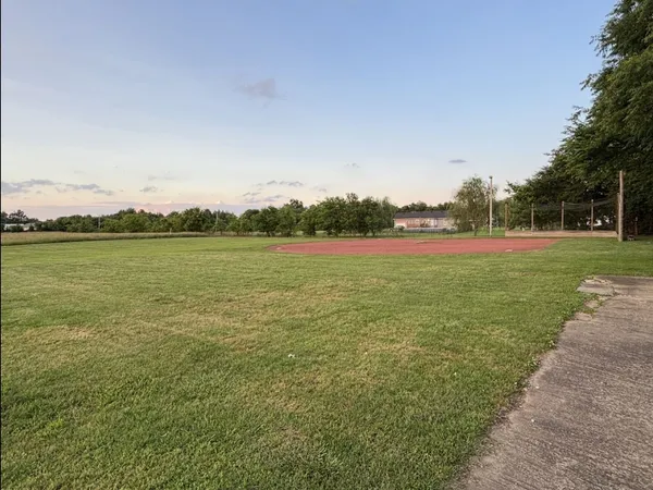 a view of a field with an ocean