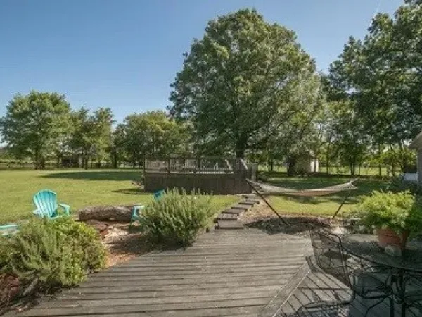 a view of a lake with a yard and potted plants
