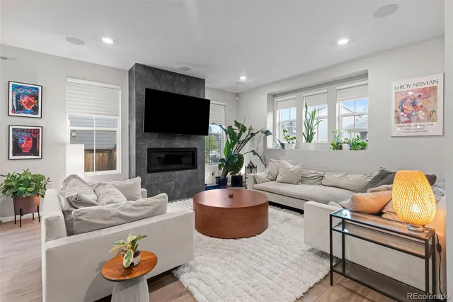 a living room with furniture a flat screen tv and a fireplace