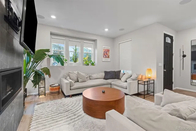 a living room with furniture and a fireplace