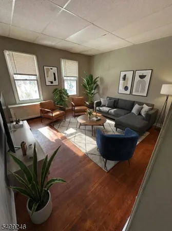 a living room with furniture flowerpot and wooden floor