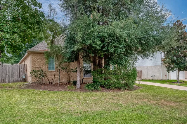 a view of a house with backyard and a tree