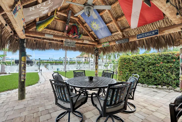 a view of a lake with a table and chairs