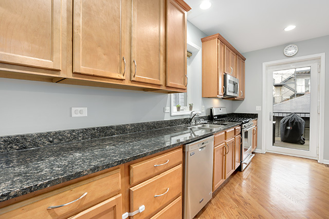 1731 South Ruble Street, Unit 1 Chicago, IL 60616 - Photo 10 of 25 a kitchen with stainless steel appliances granite countertop a sink and cabinets with wooden floor