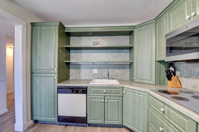 a kitchen with a sink and a refrigerator