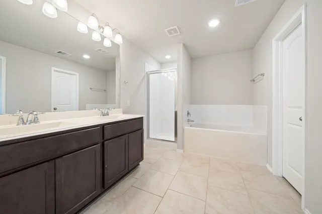 a bathroom with a tub double sink and a mirror