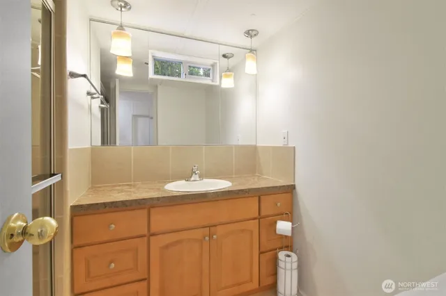 a bathroom with a sink vanity and a mirror