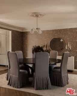 a view of a dining room with furniture