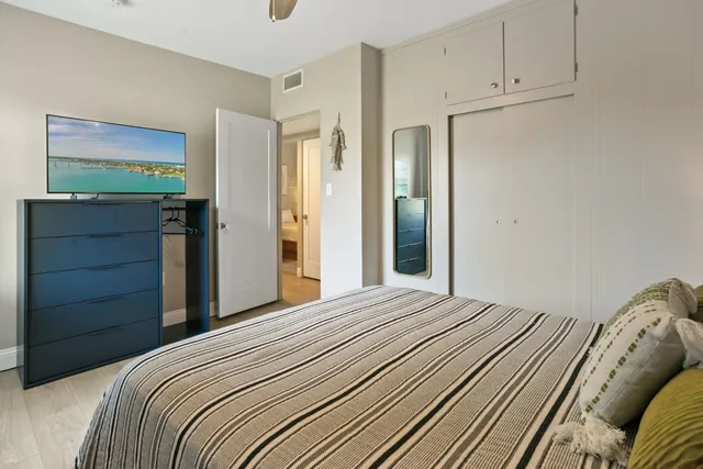 a view of a backyard with plants and a large tree