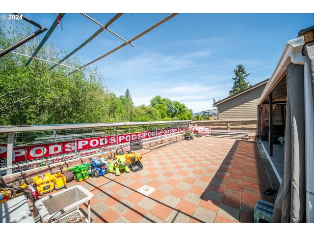 a view of a balcony with wooden floor and potted plant