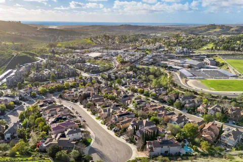 an aerial view of residential houses with outdoor space