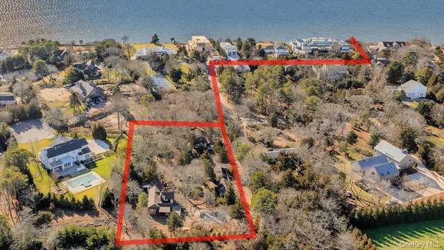 an aerial view of a house with a yard and a large tree