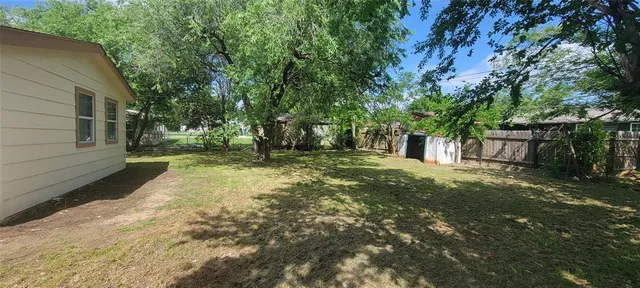 a view of a yard with plants and trees
