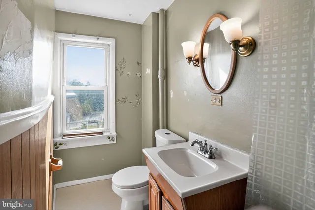 a bathroom with a sink a toilet and a mirror